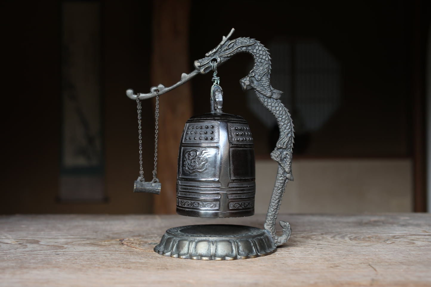 Vintage Japanese Bronze Temple Bell, Dragon Stand, Buddhist Instrument (H11.4in/H29cm)