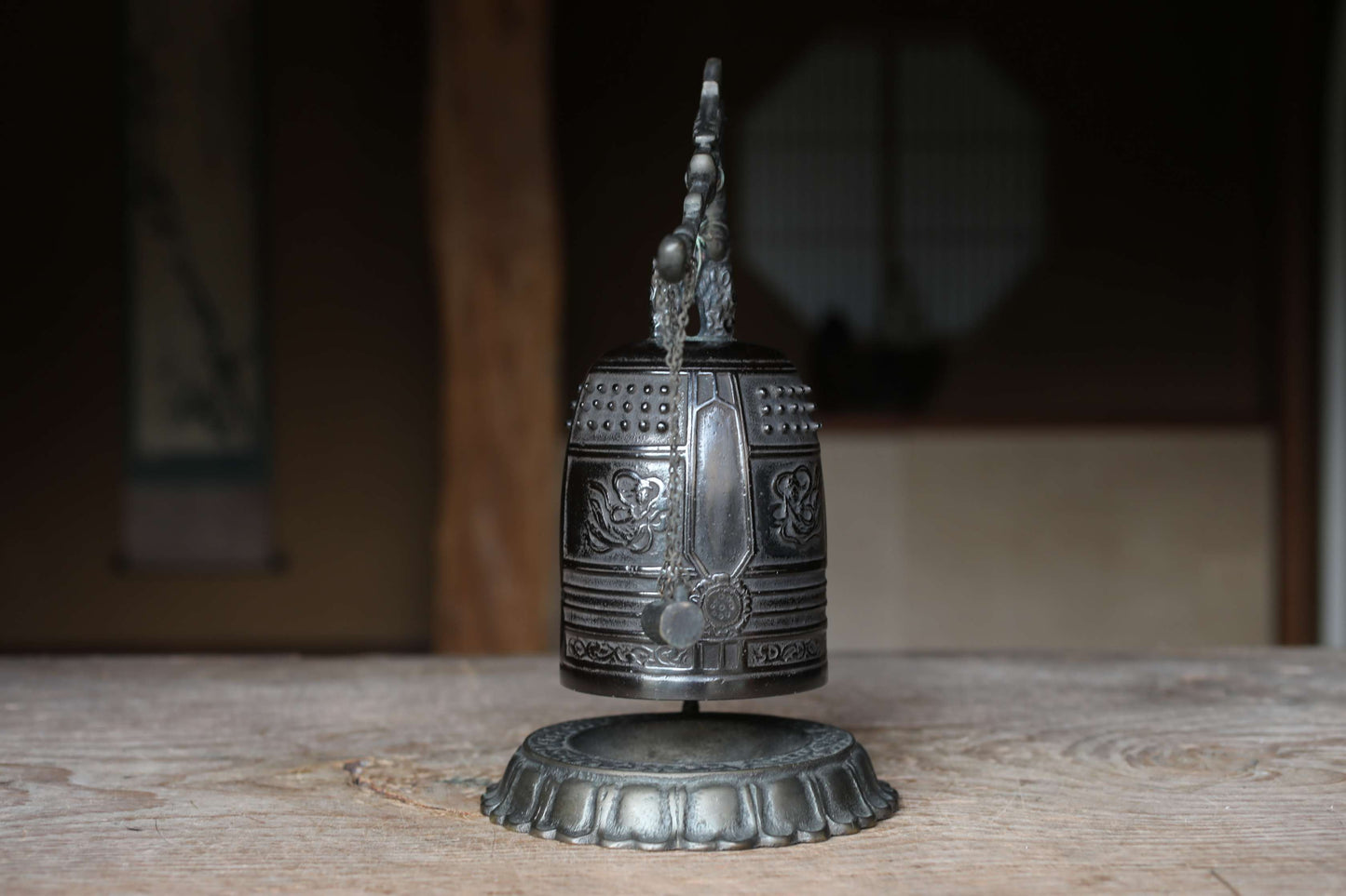 Vintage Japanese Bronze Temple Bell, Dragon Stand, Buddhist Instrument (H11.4in/H29cm)