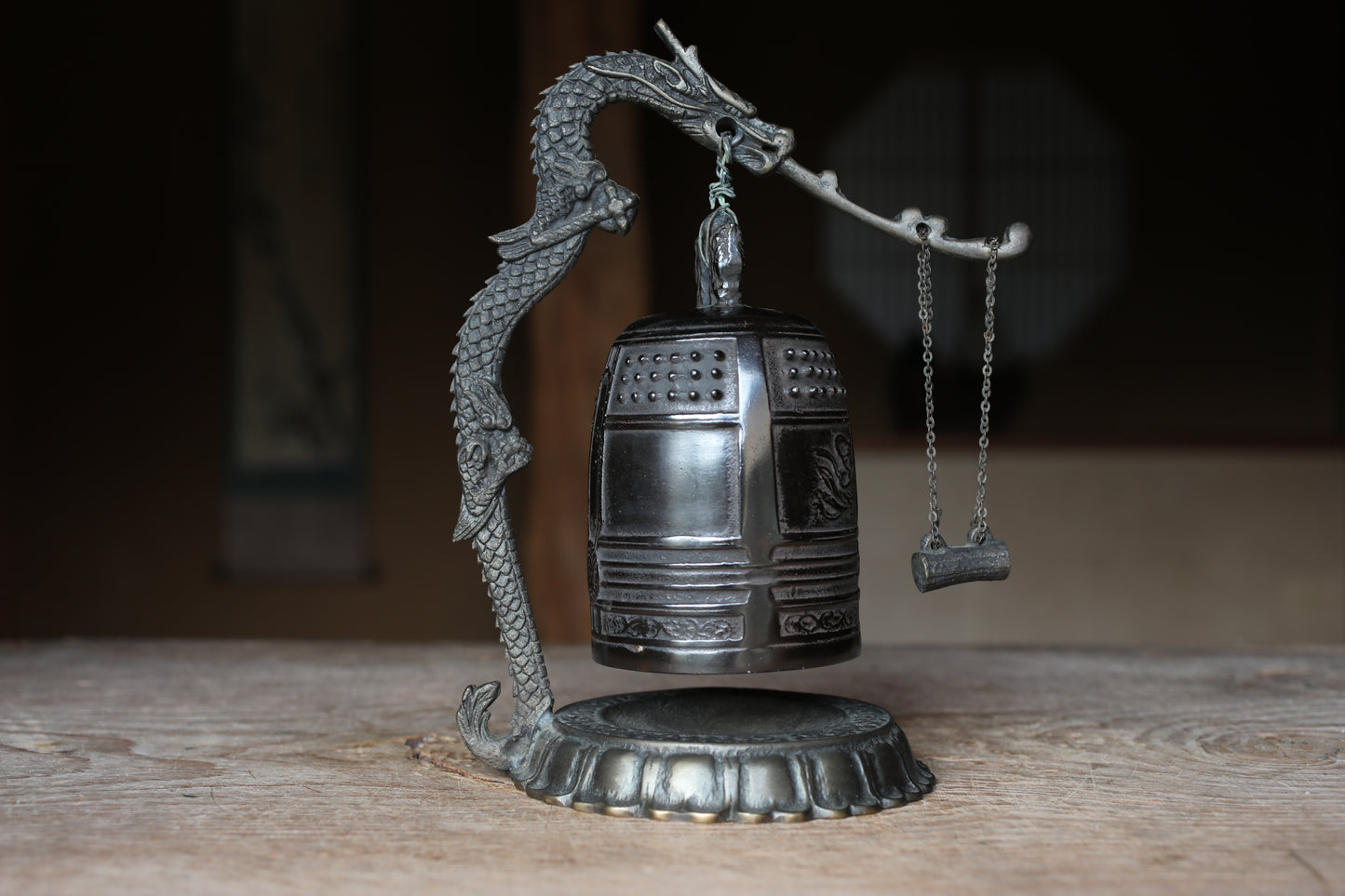 Vintage Japanese Bronze Temple Bell, Dragon Stand, Buddhist Instrument (H11.4in/H29cm)