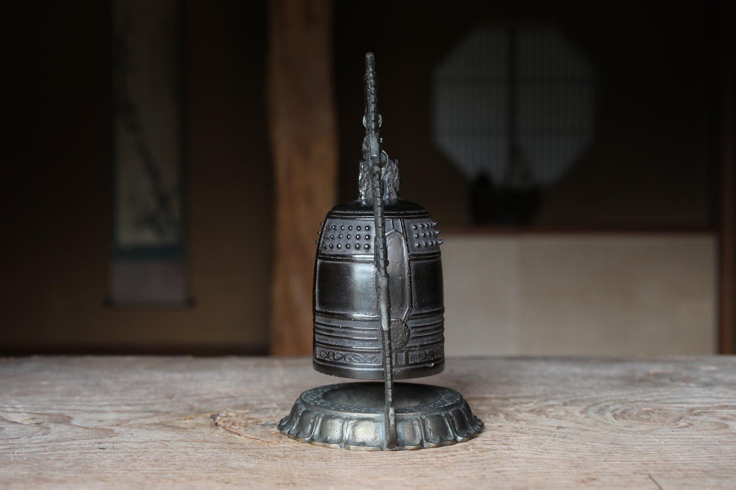 Vintage Japanese Bronze Temple Bell, Dragon Stand, Buddhist Instrument (H11.4in/H29cm)