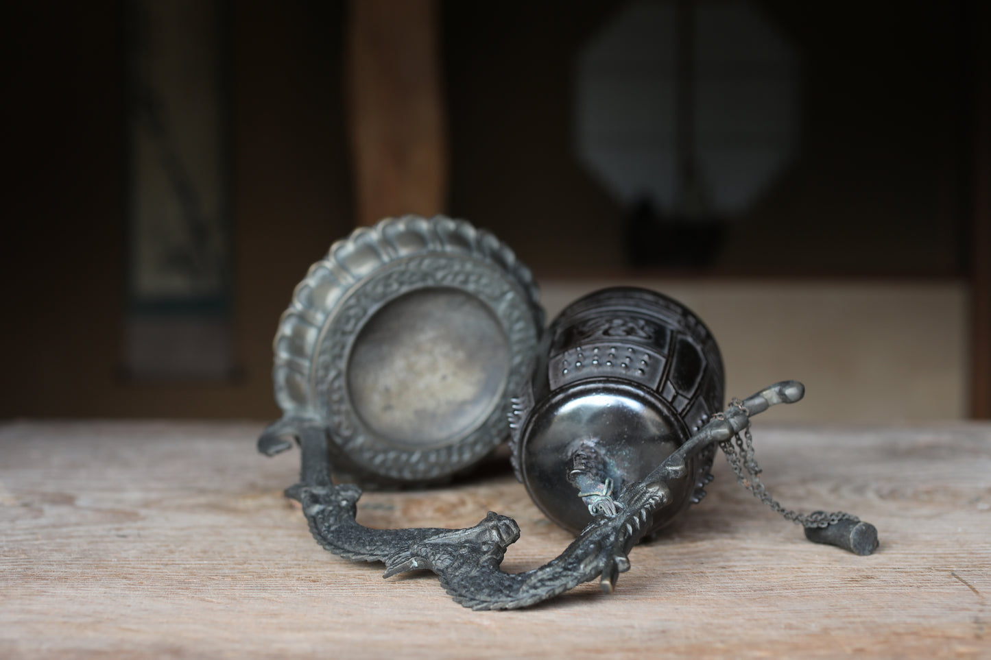 Vintage Japanese Bronze Temple Bell, Dragon Stand, Buddhist Instrument (H11.4in/H29cm)