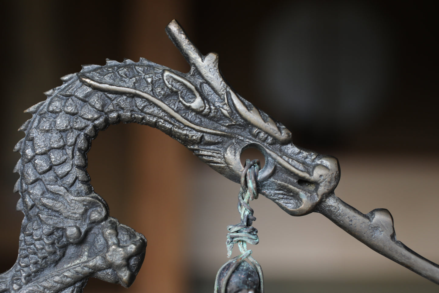 Vintage Japanese Bronze Temple Bell, Dragon Stand, Buddhist Instrument (H11.4in/H29cm)