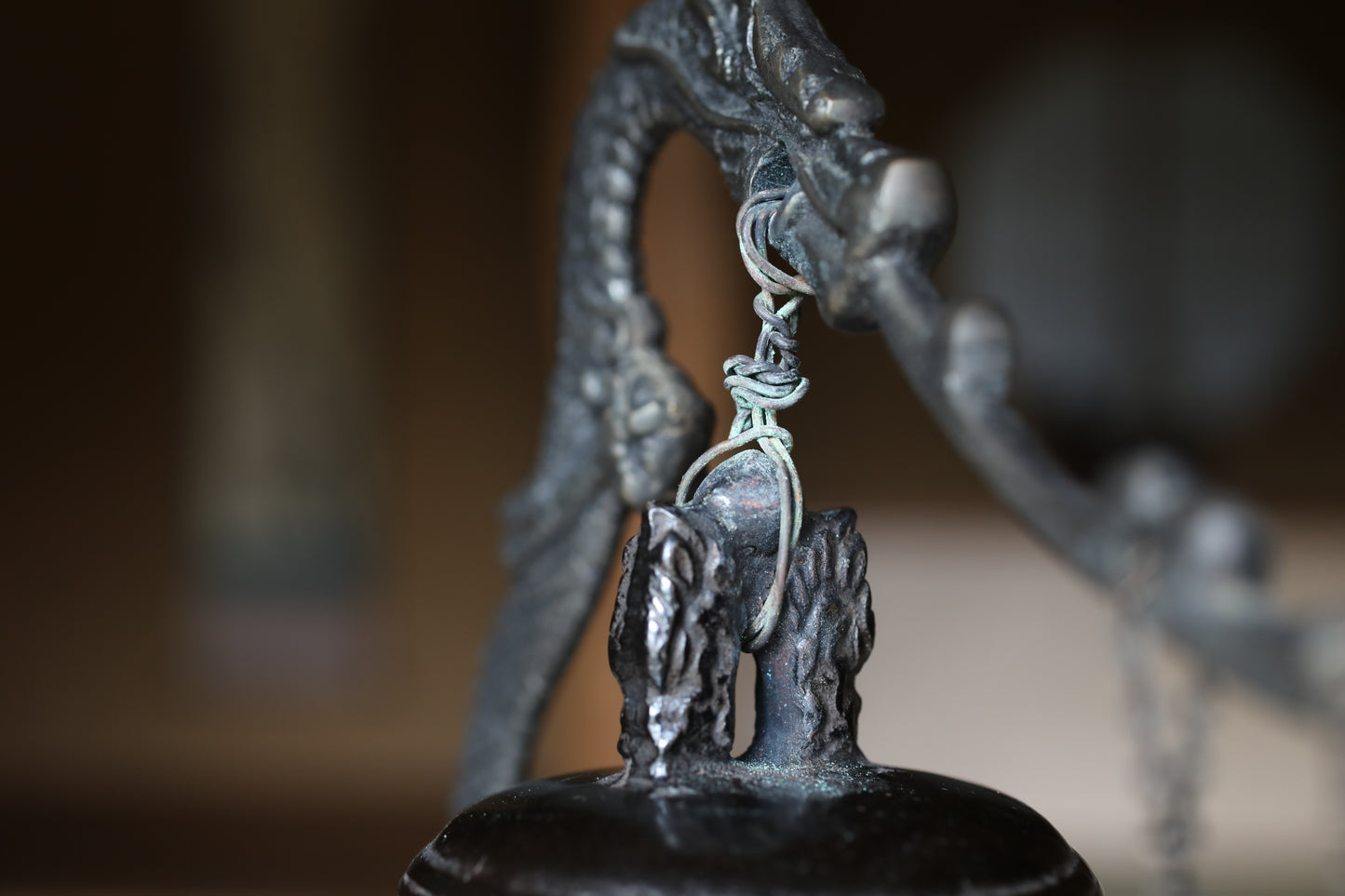 Vintage Japanese Bronze Temple Bell, Dragon Stand, Buddhist Instrument (H11.4in/H29cm)