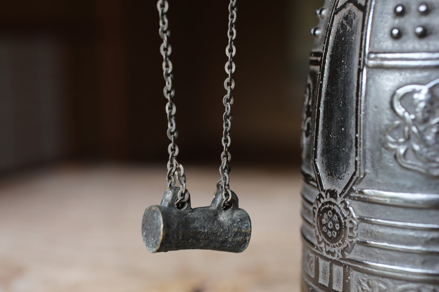 Vintage Japanese Bronze Temple Bell, Dragon Stand, Buddhist Instrument (H11.4in/H29cm)