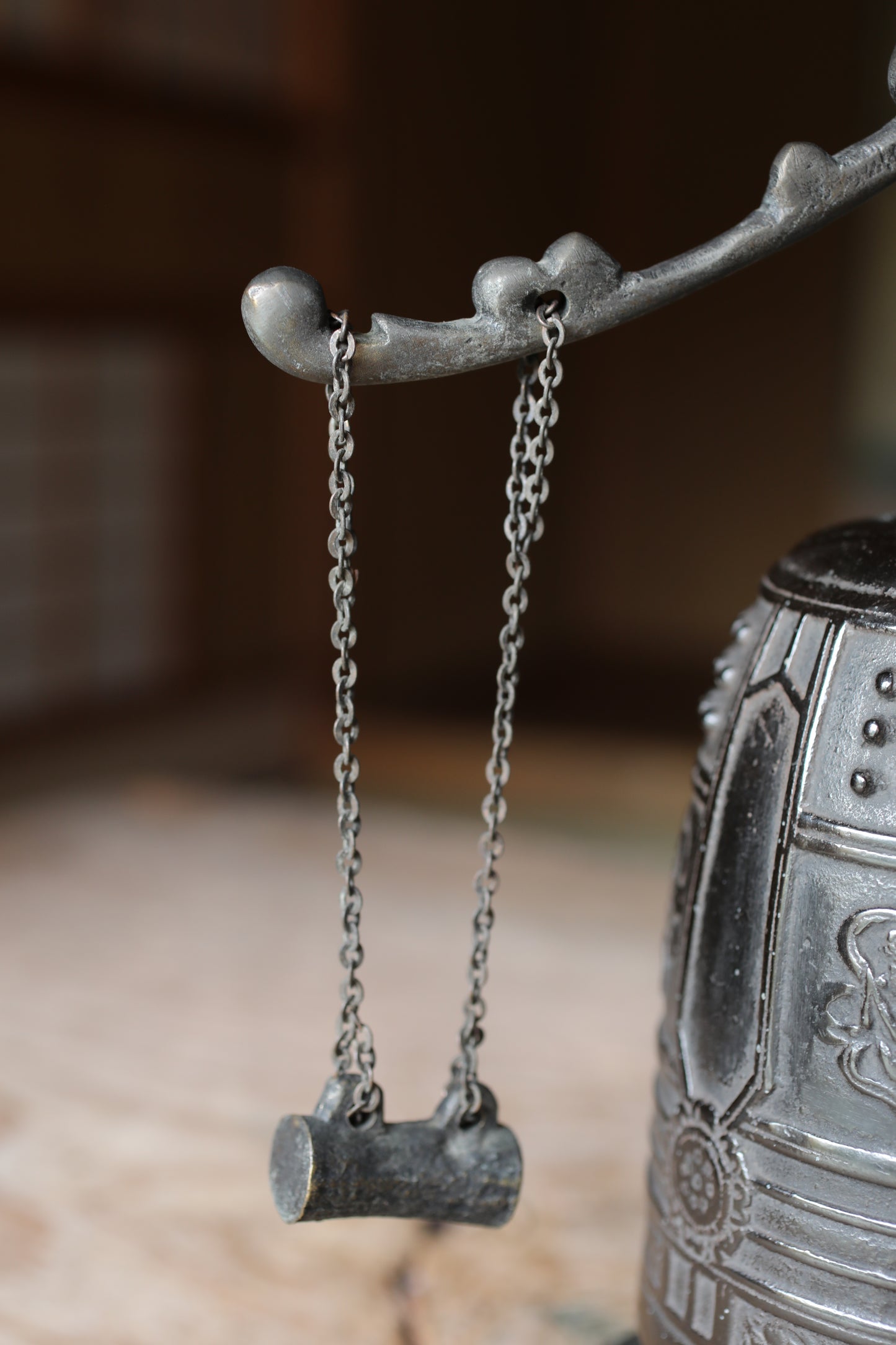 Vintage Japanese Bronze Temple Bell, Dragon Stand, Buddhist Instrument (H11.4in/H29cm)