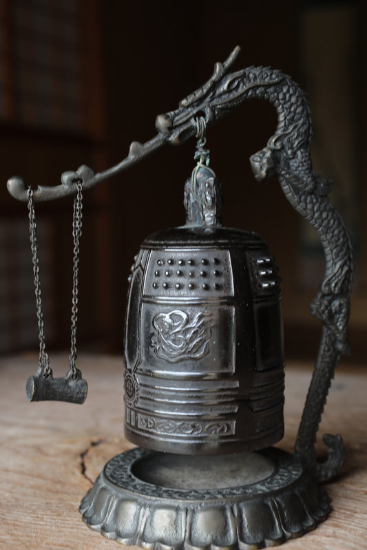 Vintage Japanese Bronze Temple Bell, Dragon Stand, Buddhist Instrument (H11.4in/H29cm)