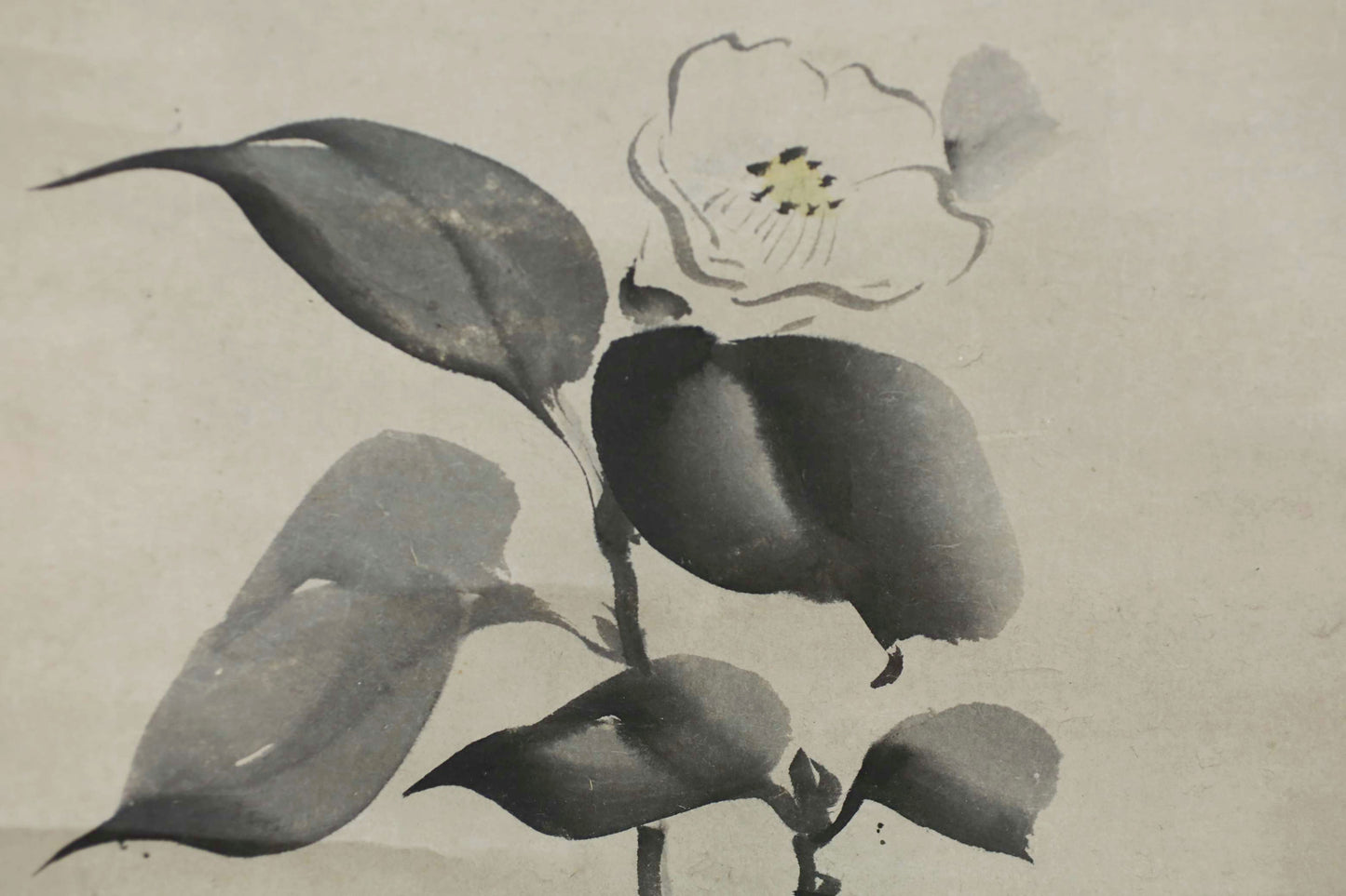 Vintage Japanese Ink Wash Painting: Camellia and Bird Kakejiku Scroll