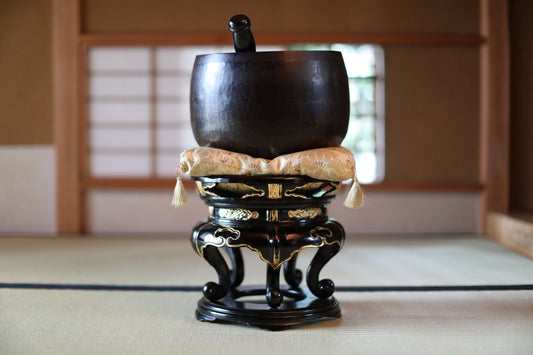 Antique Japanese Bronze Buddhist Singing Bowl, Black Lacquered Stand, Signed (W11.8 in/30cm)