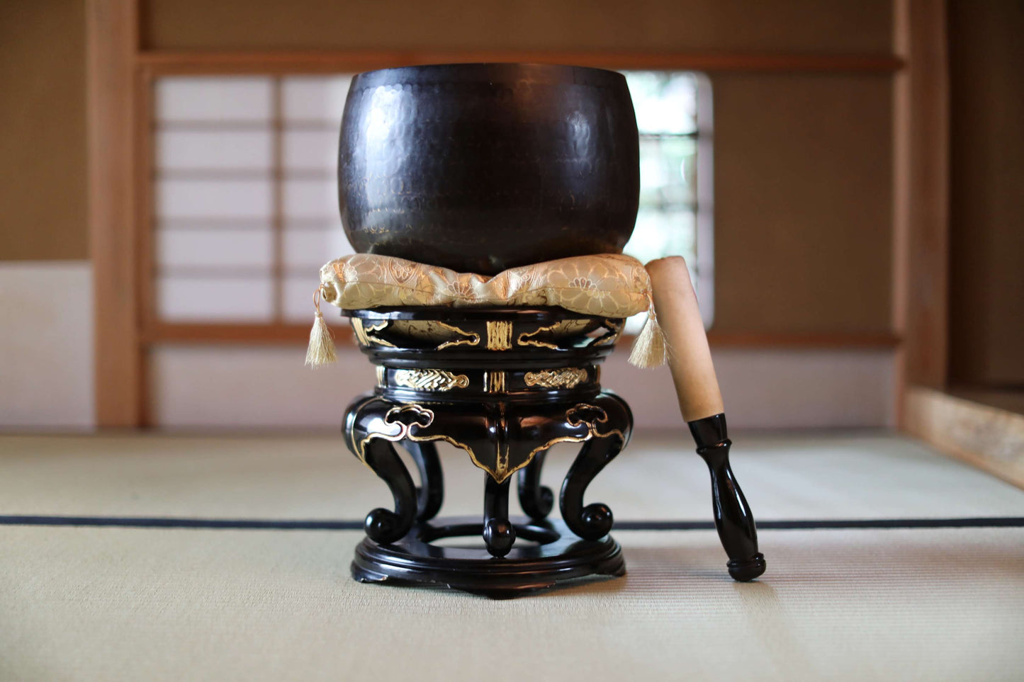 Antique Japanese Bronze Buddhist Singing Bowl, Black Lacquered Stand, Signed (W11.8 in/30cm)