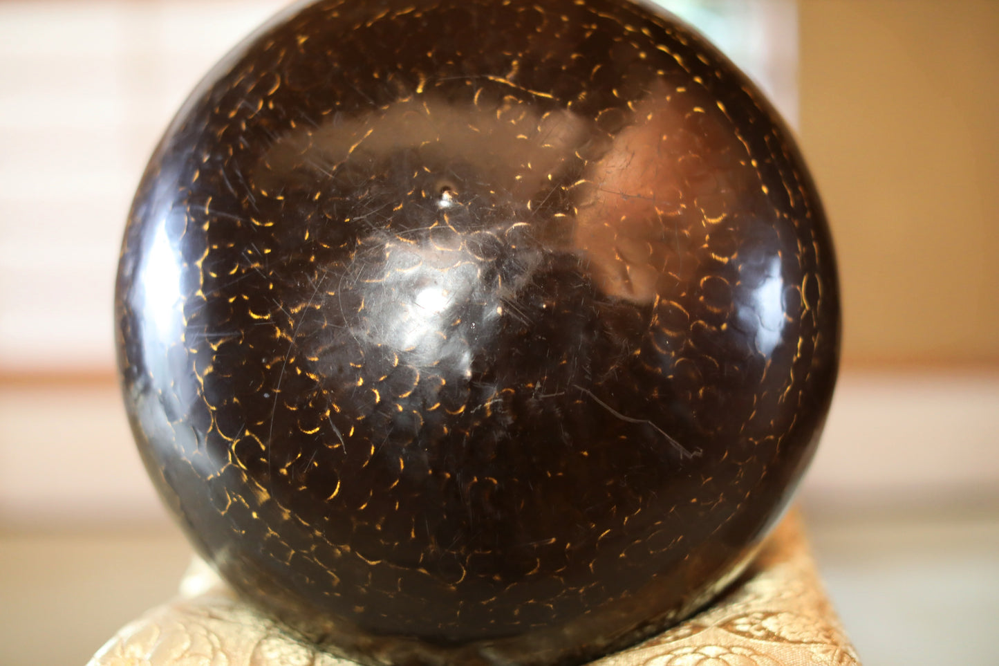 Antique Japanese Bronze Buddhist Singing Bowl, Black Lacquered Stand, Signed (W11.8 in/30cm)