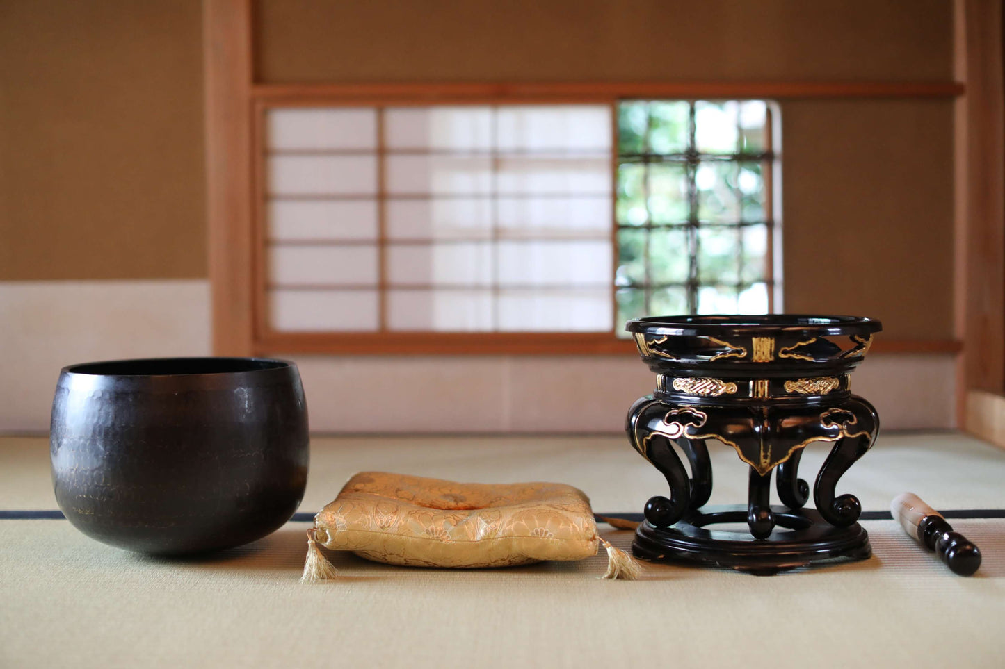 Antique Japanese Bronze Buddhist Singing Bowl, Black Lacquered Stand, Signed (W11.8 in/30cm)
