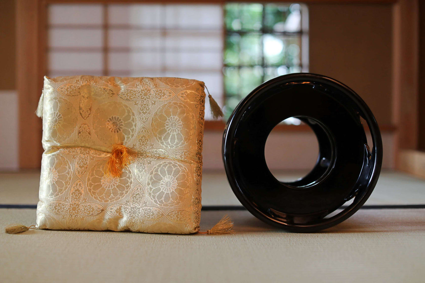 Antique Japanese Bronze Buddhist Singing Bowl, Black Lacquered Stand, Signed (W11.8 in/30cm)