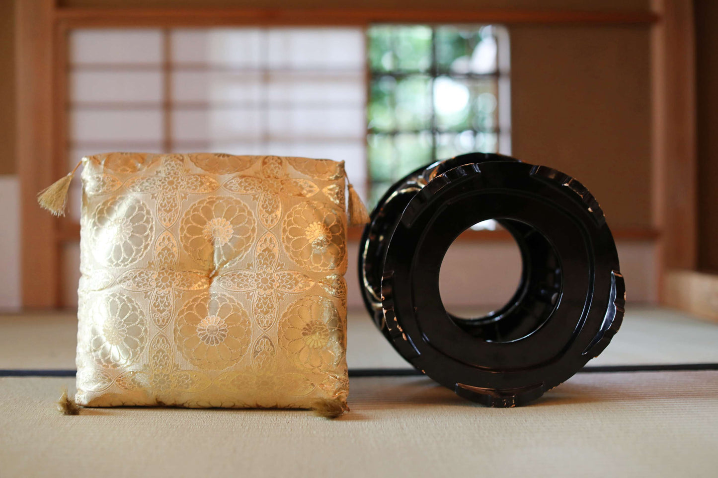 Antique Japanese Bronze Buddhist Singing Bowl, Black Lacquered Stand, Signed (W11.8 in/30cm)