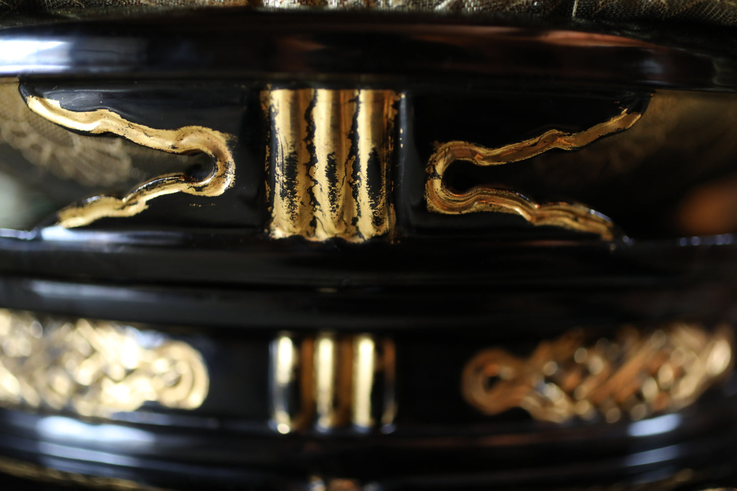 Antique Japanese Bronze Buddhist Singing Bowl, Black Lacquered Stand, Signed (W11.8 in/30cm)