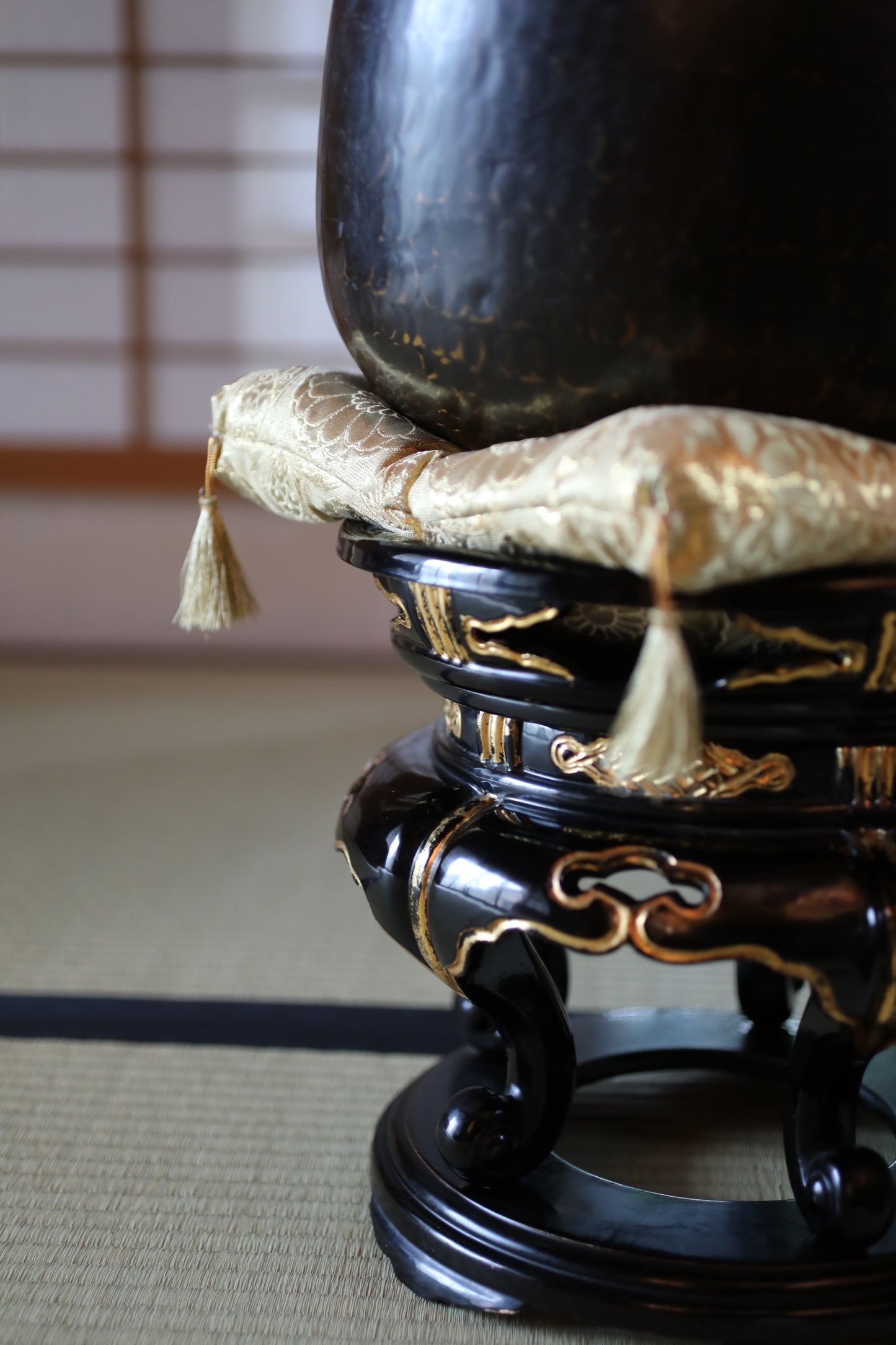 Antique Japanese Bronze Buddhist Singing Bowl, Black Lacquered Stand, Signed (W11.8 in/30cm)