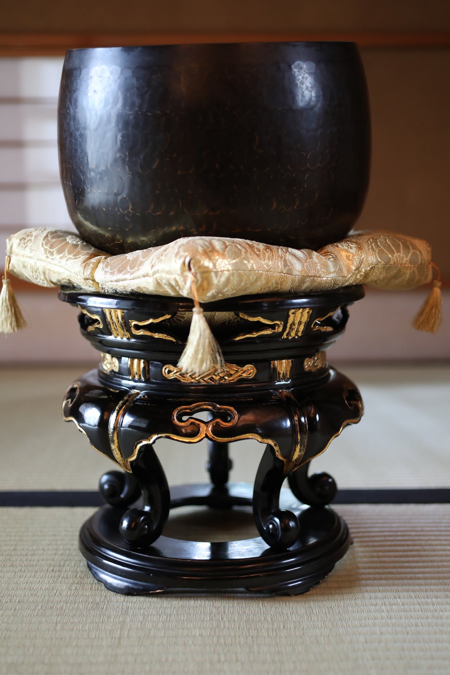 Antique Japanese Bronze Buddhist Singing Bowl, Black Lacquered Stand, Signed (W11.8 in/30cm)