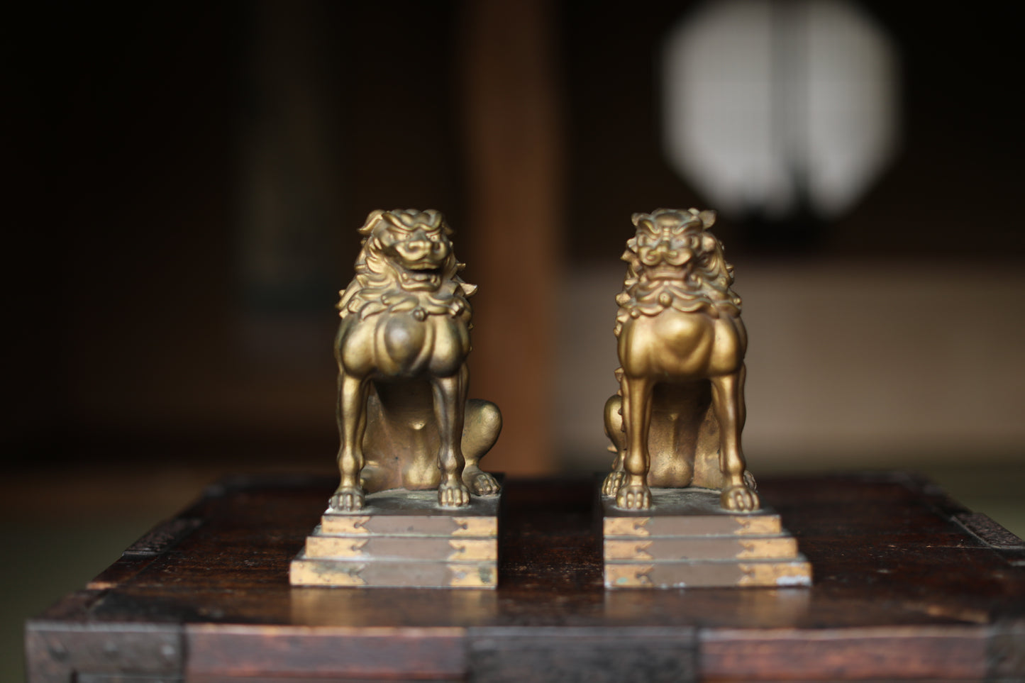 Antique Bronze alloy Komainu Lions pair, Shinto Shrine Guardian Ornament, Bookends,