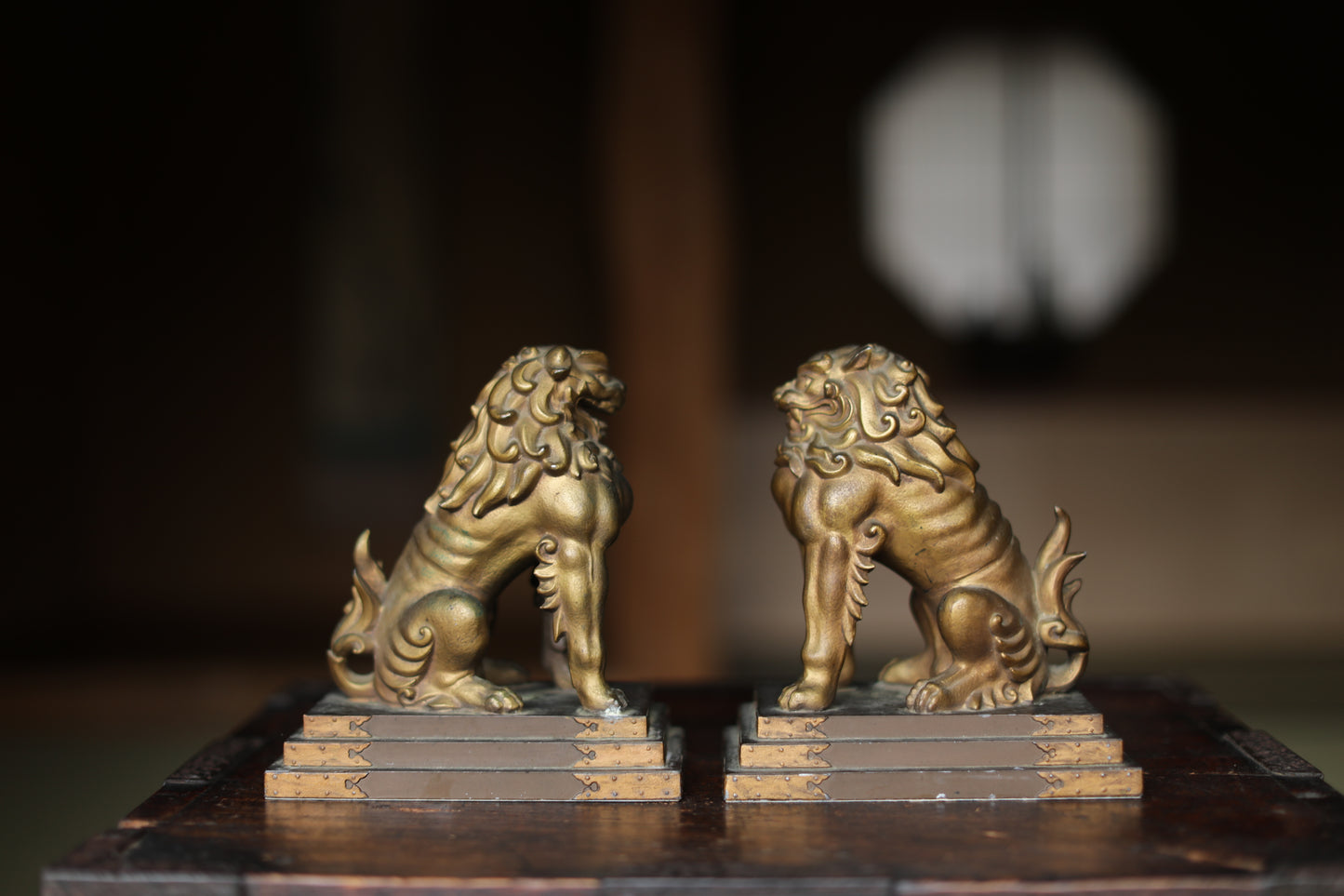 Antique Bronze alloy Komainu Lions pair, Shinto Shrine Guardian Ornament, Bookends,