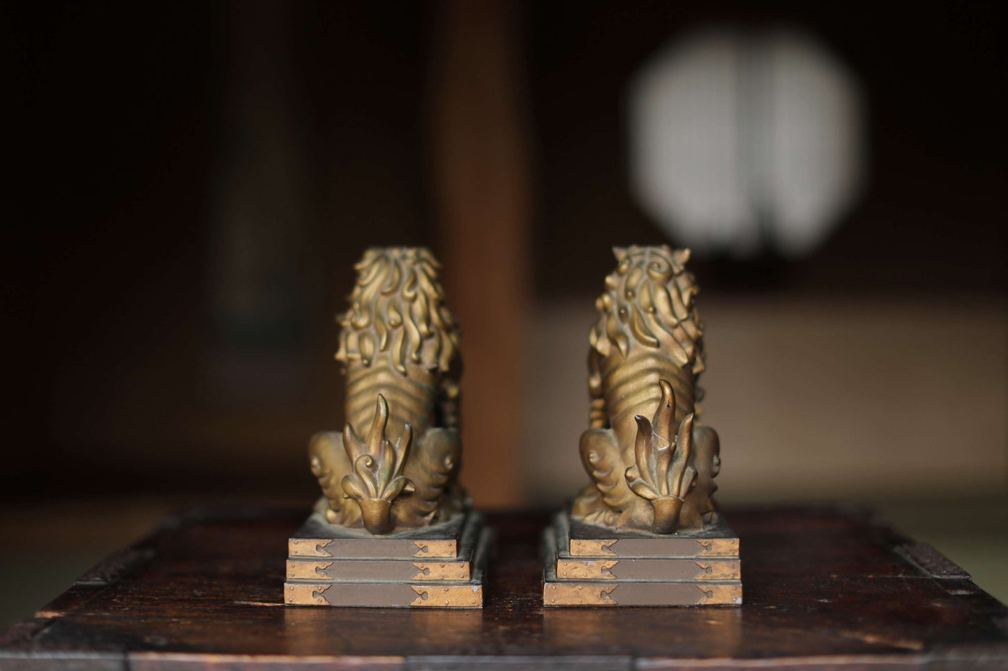 Antique Bronze alloy Komainu Lions pair, Shinto Shrine Guardian Ornament, Bookends,