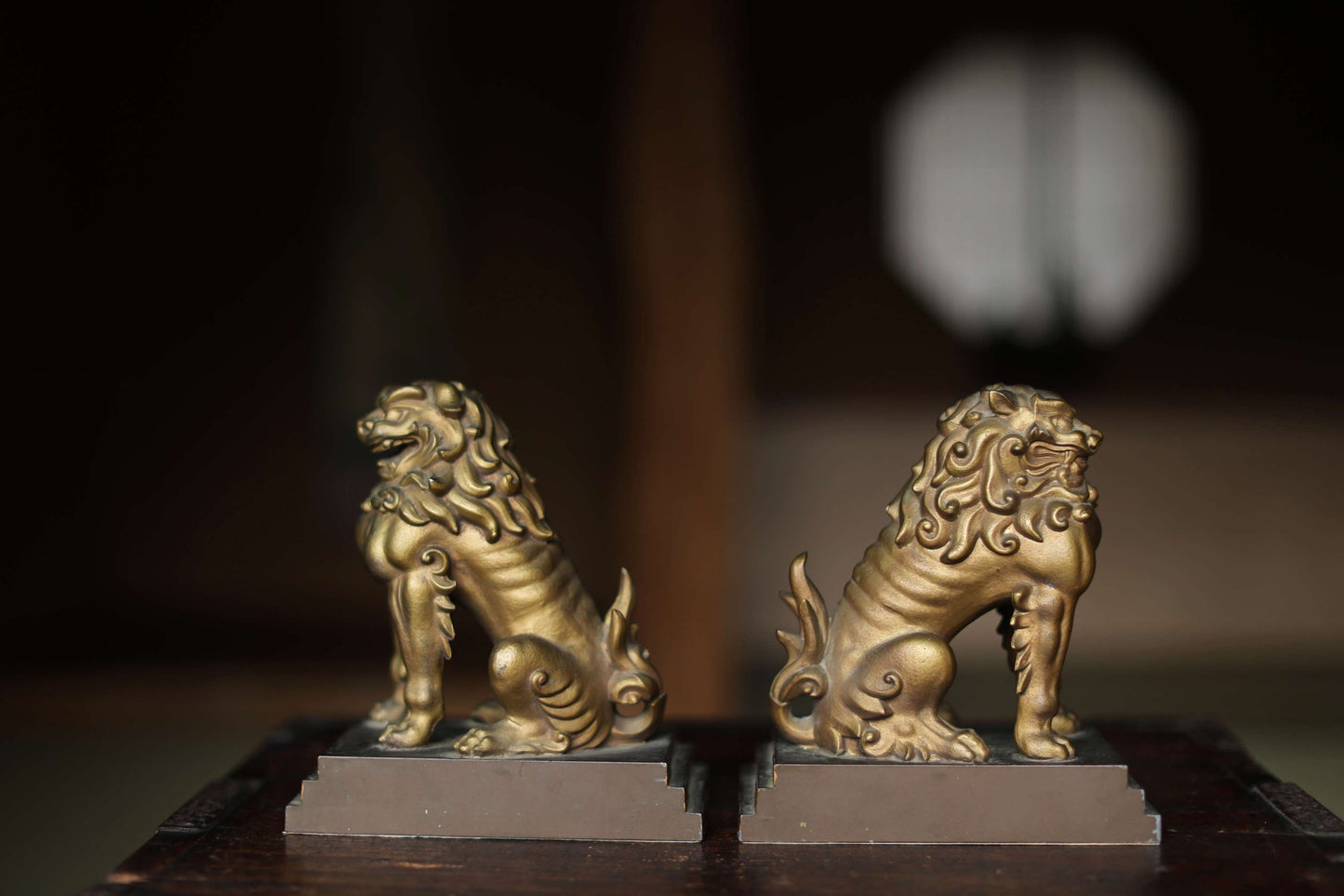 Antique Bronze alloy Komainu Lions pair, Shinto Shrine Guardian Ornament, Bookends,
