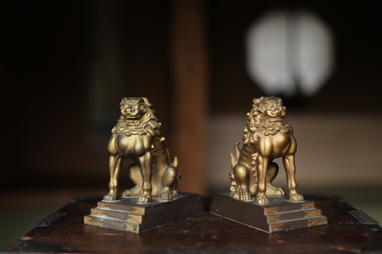 Antique Bronze alloy Komainu Lions pair, Shinto Shrine Guardian Ornament, Bookends,