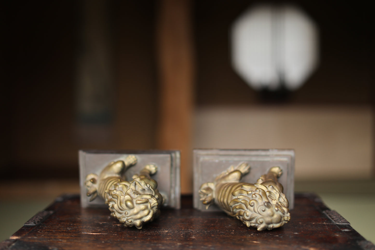 Antique Bronze alloy Komainu Lions pair, Shinto Shrine Guardian Ornament, Bookends,