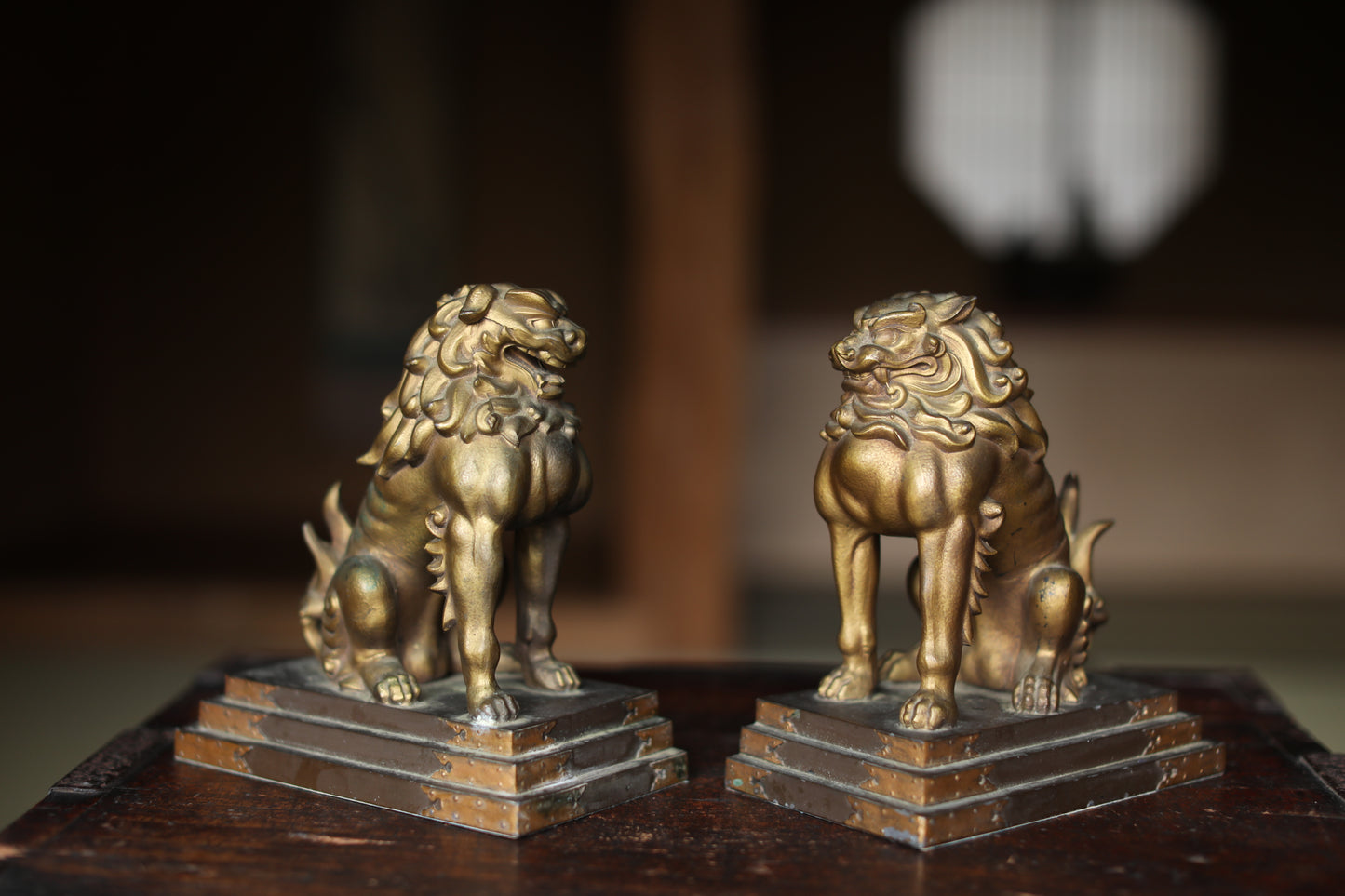 Antique Bronze alloy Komainu Lions pair, Shinto Shrine Guardian Ornament, Bookends,