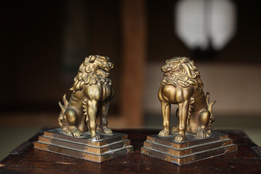Antique Bronze alloy Komainu Lions pair, Shinto Shrine Guardian Ornament, Bookends,