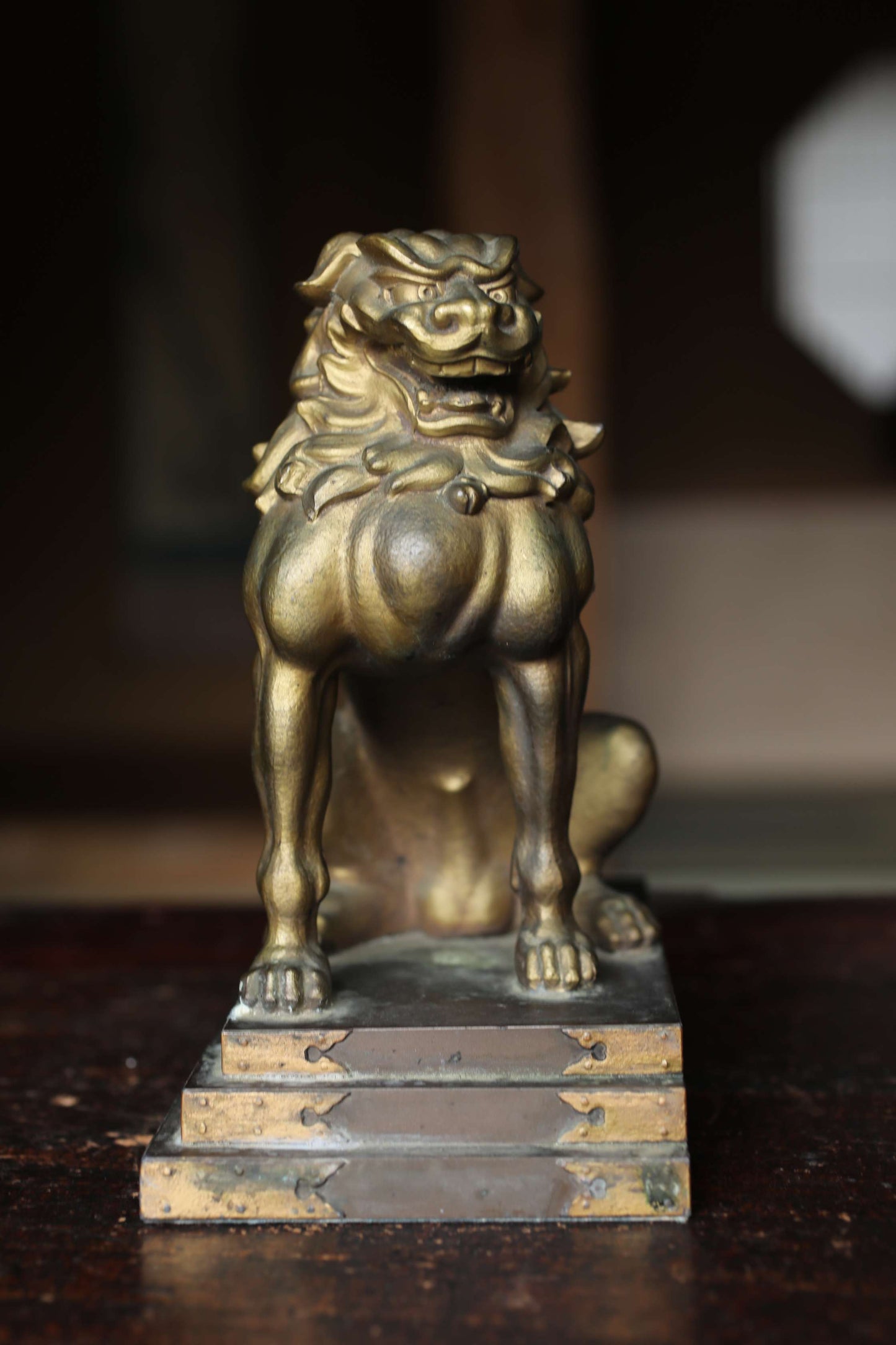 Antique Bronze alloy Komainu Lions pair, Shinto Shrine Guardian Ornament, Bookends,