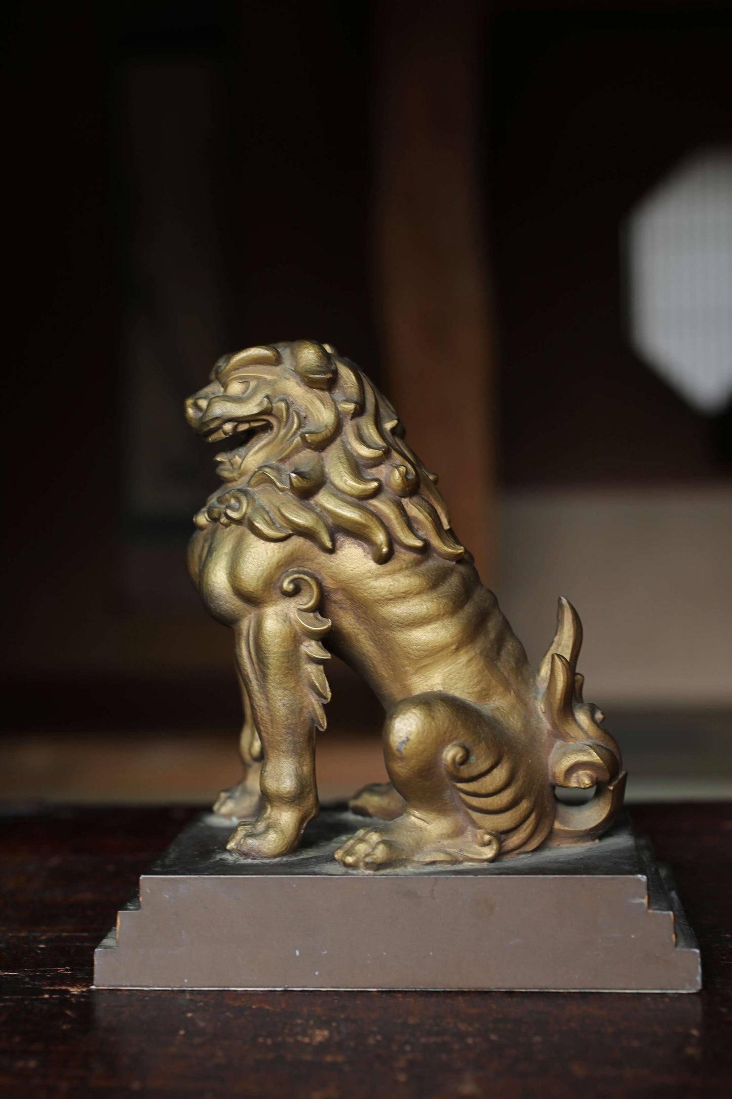 Antique Bronze alloy Komainu Lions pair, Shinto Shrine Guardian Ornament, Bookends,