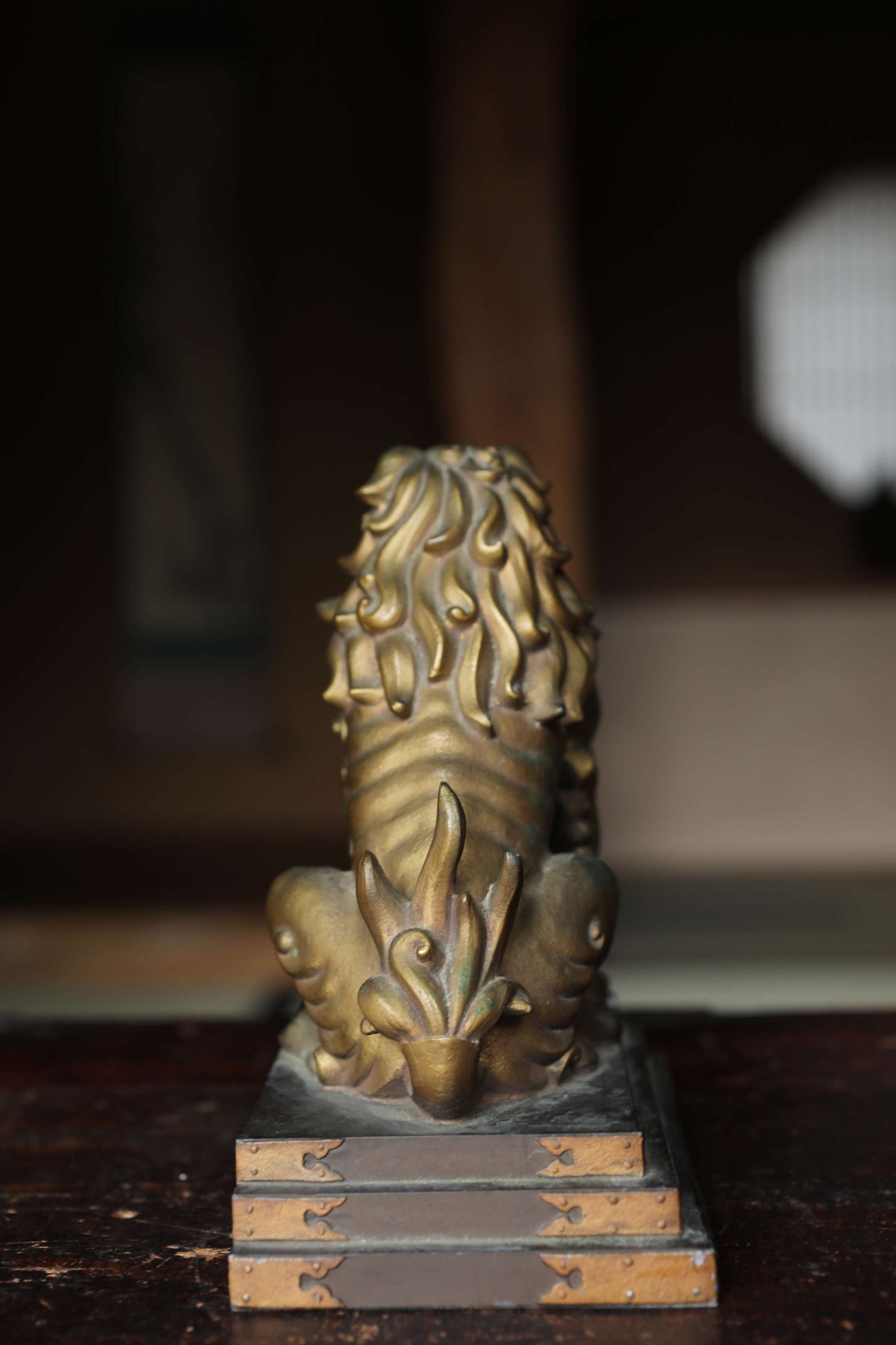 Antique Bronze alloy Komainu Lions pair, Shinto Shrine Guardian Ornament, Bookends,
