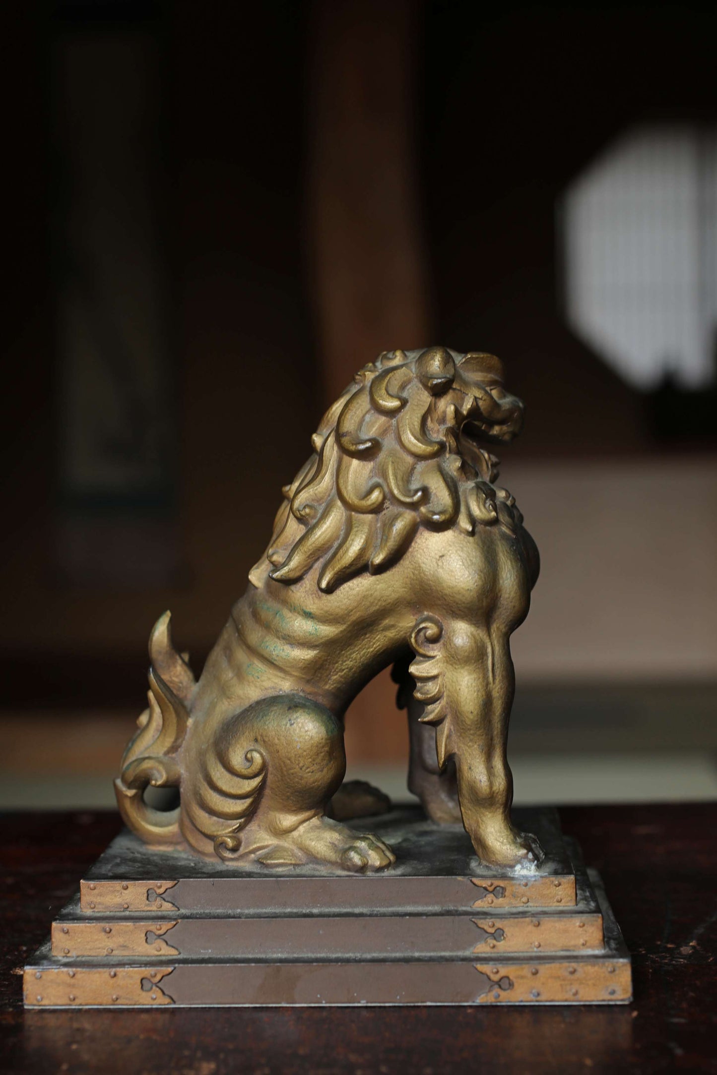Antique Bronze alloy Komainu Lions pair, Shinto Shrine Guardian Ornament, Bookends,