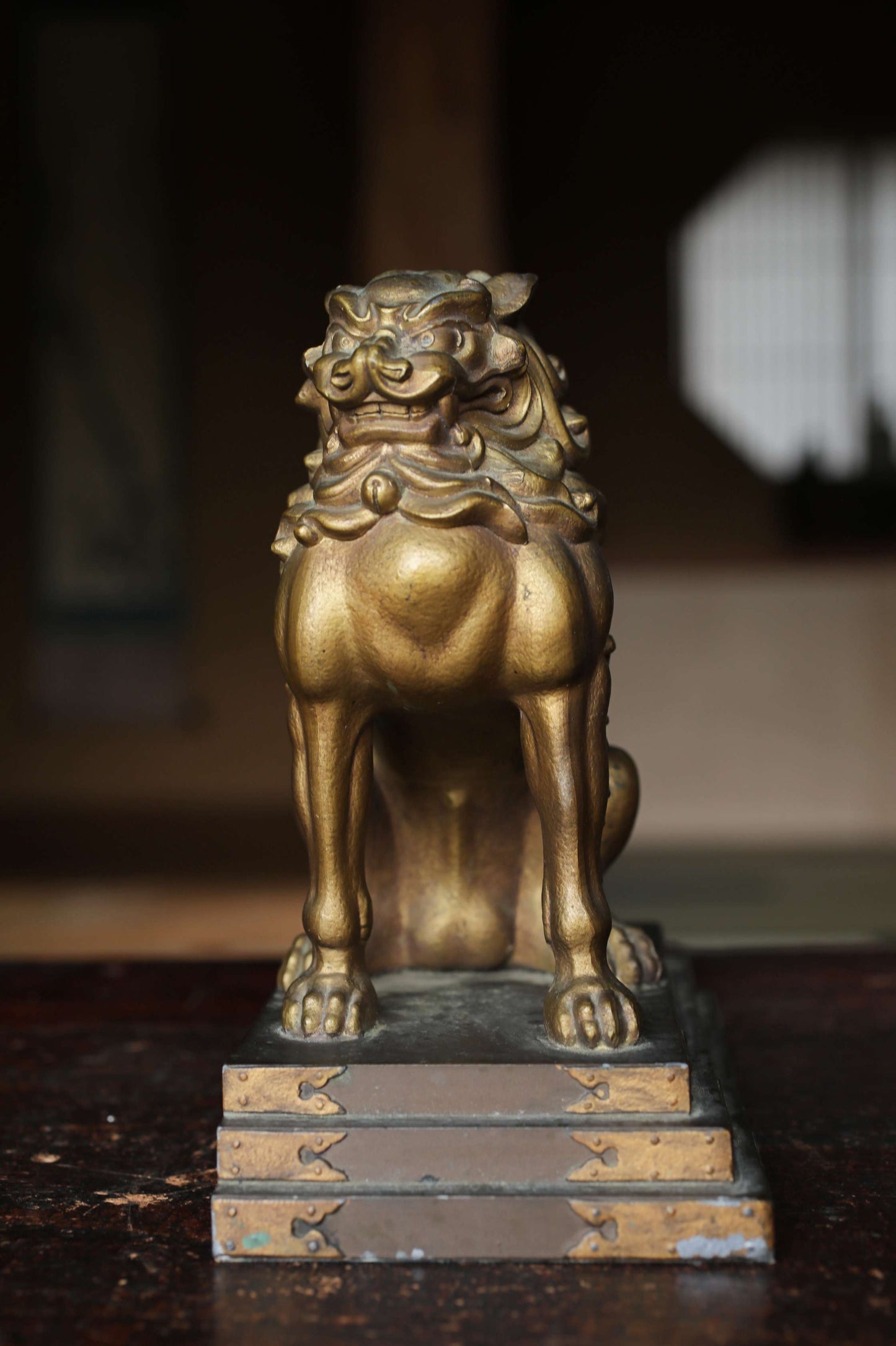 Antique Bronze alloy Komainu Lions pair, Shinto Shrine Guardian Ornament, Bookends,