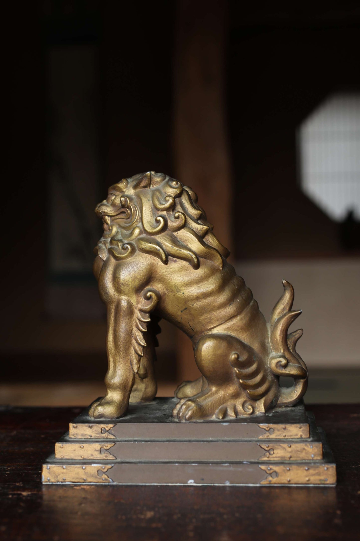 Antique Bronze alloy Komainu Lions pair, Shinto Shrine Guardian Ornament, Bookends,