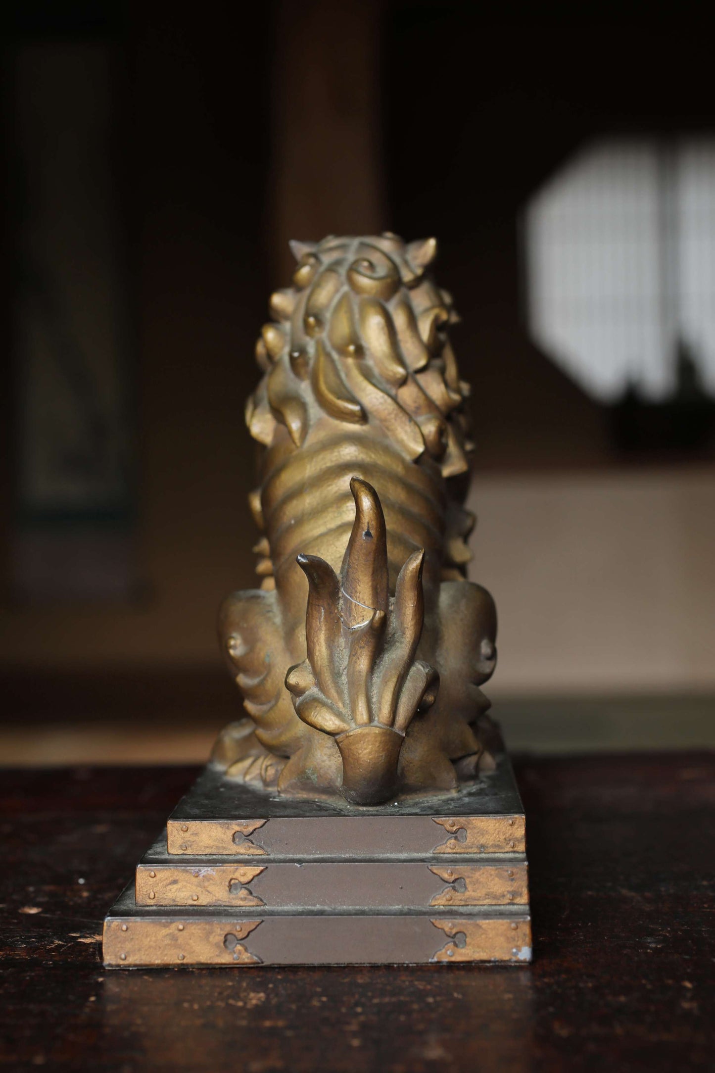 Antique Bronze alloy Komainu Lions pair, Shinto Shrine Guardian Ornament, Bookends,
