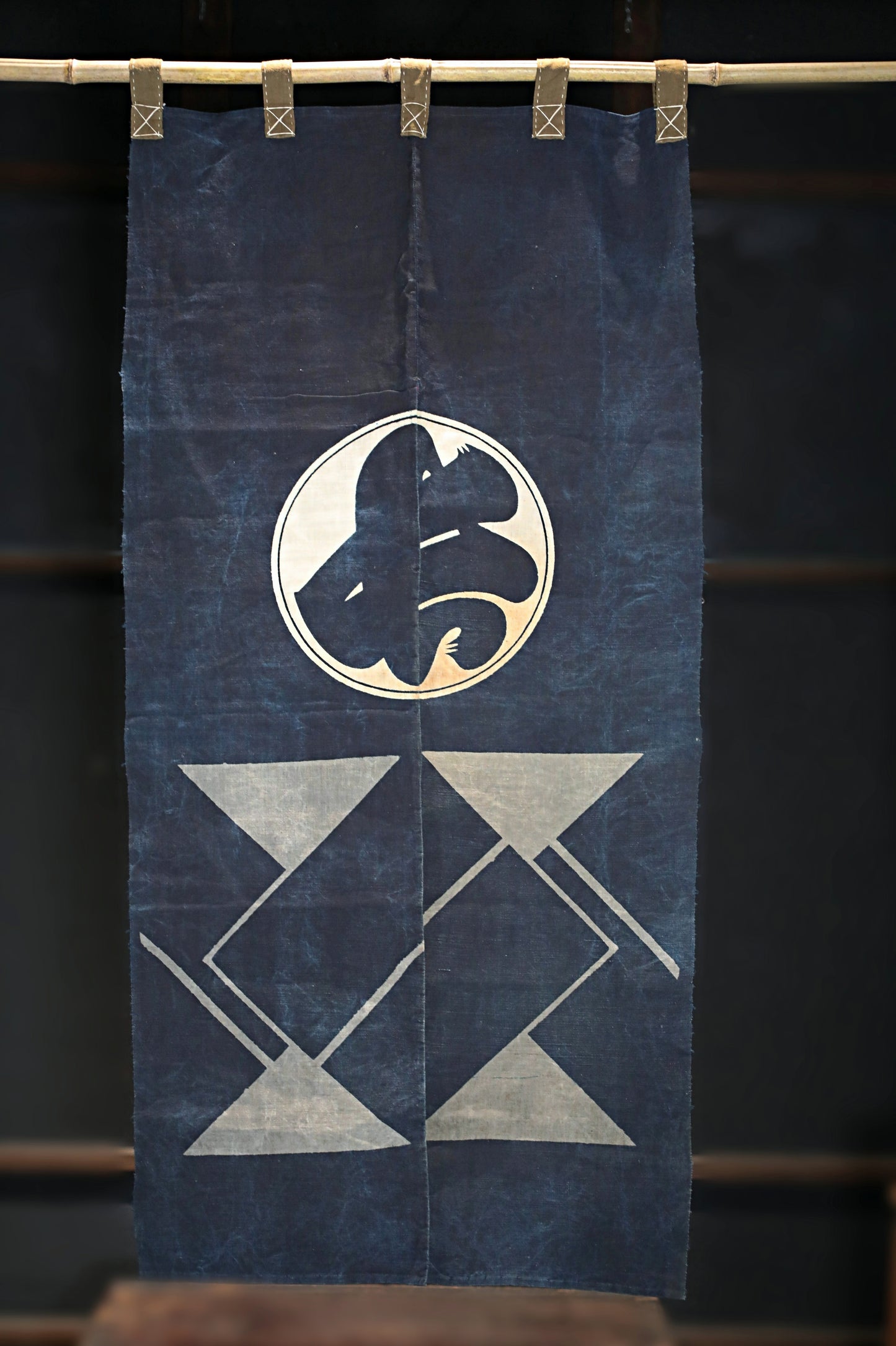 Antique Japanese Noren Curtain – Indigo Cotton Room Divider, Edo Era Crest Design