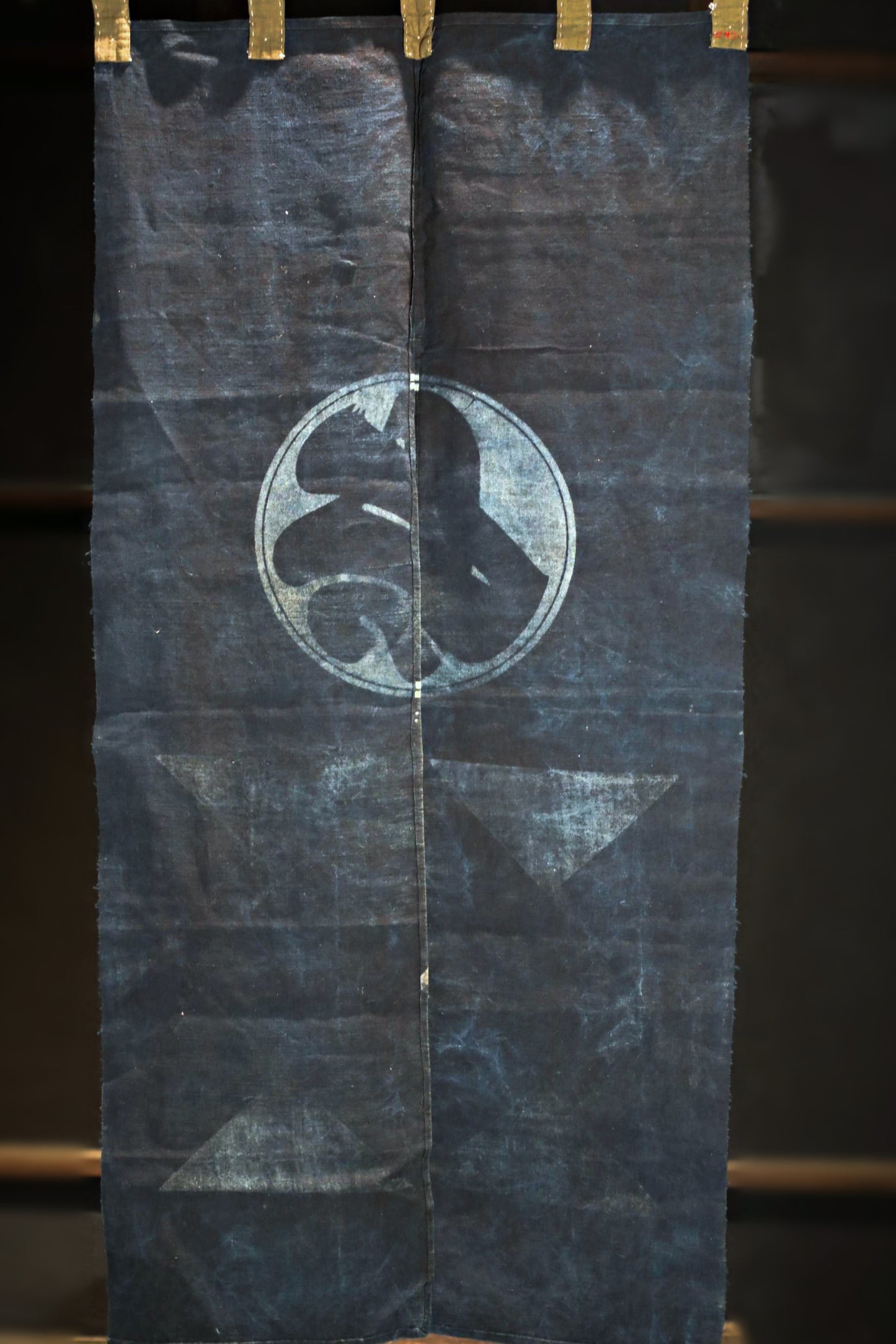 Antique Japanese Noren Curtain – Indigo Cotton Room Divider, Edo Era Crest Design