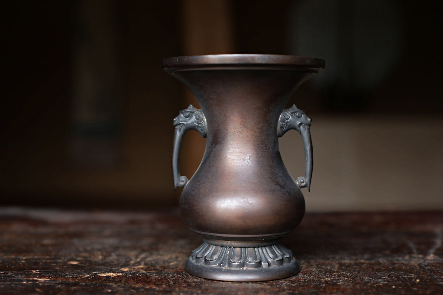 Antique Japanese Bronze Vase, Lion Handles, Signed Soryu, Ikebana Utensil