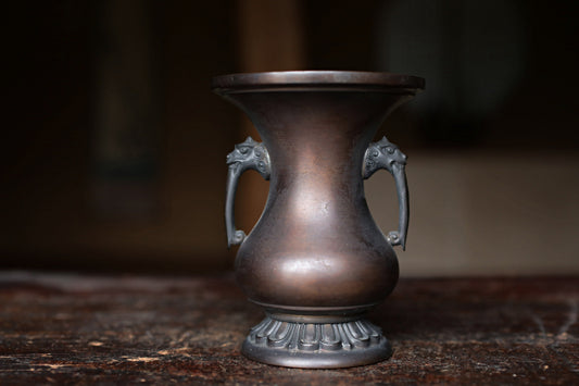 Antique Japanese Bronze Vase, Lion Handles, Signed Soryu, Ikebana Utensil