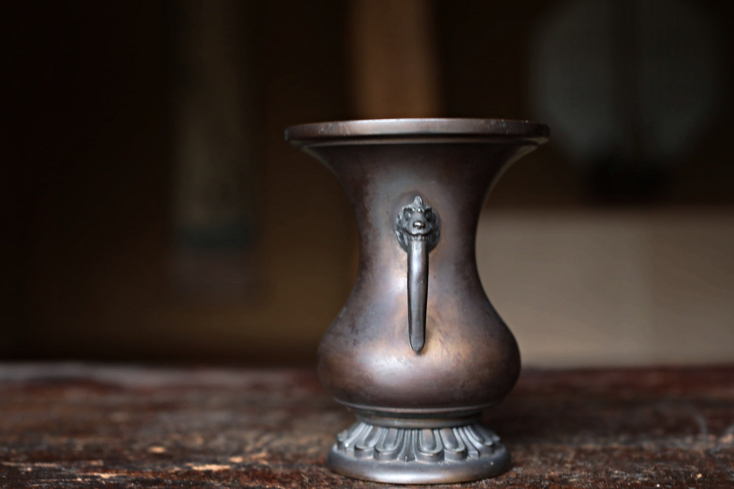Antique Japanese Bronze Vase, Lion Handles, Signed Soryu, Ikebana Utensil