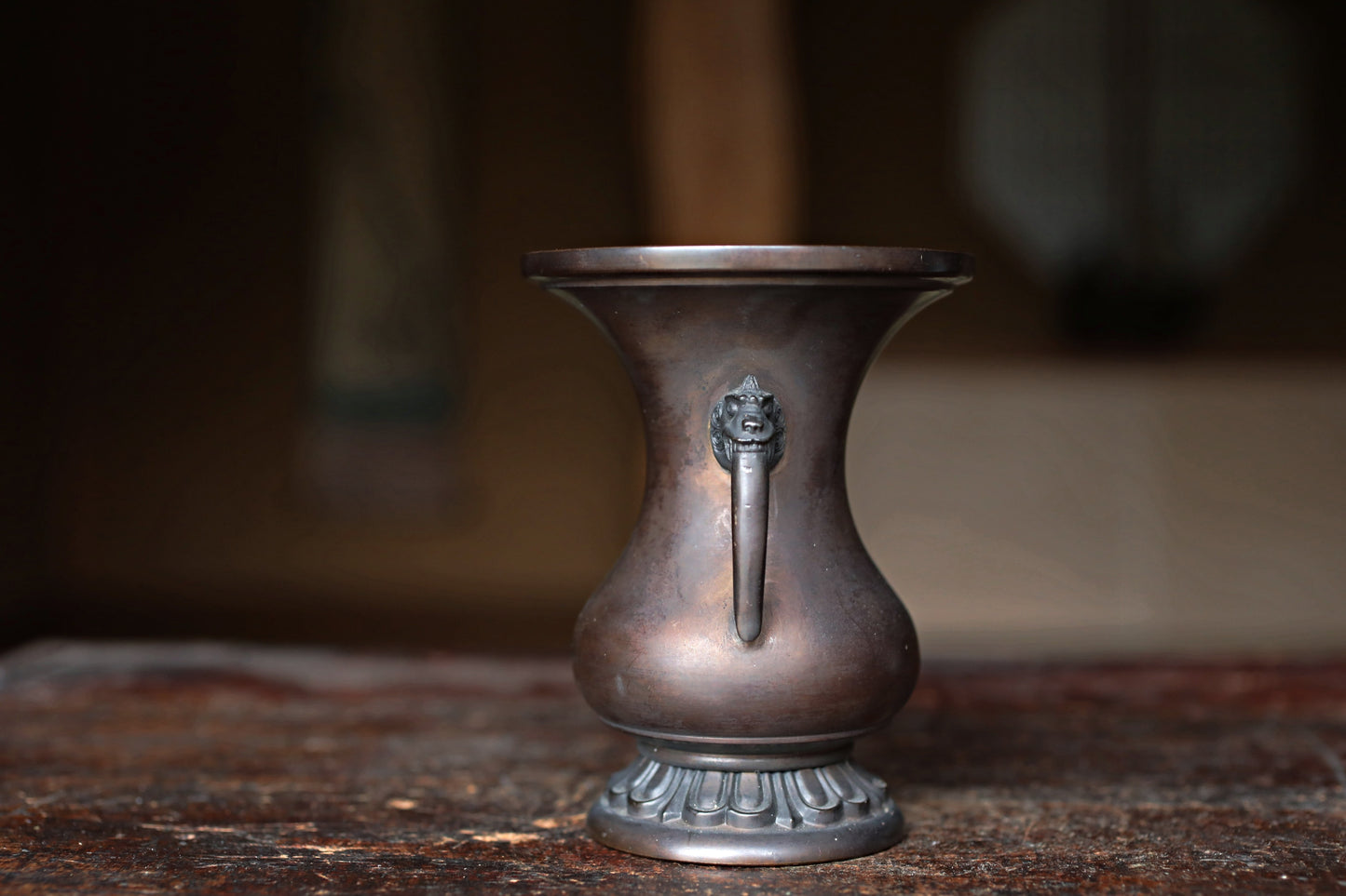 Antique Japanese Bronze Vase, Lion Handles, Signed Soryu, Ikebana Utensil