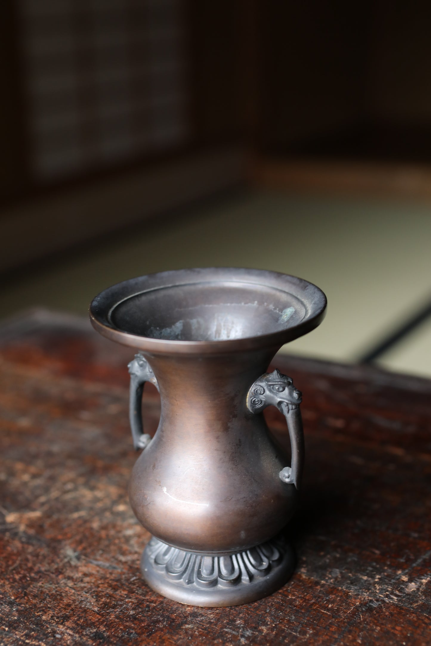 Antique Japanese Bronze Vase, Lion Handles, Signed Soryu, Ikebana Utensil
