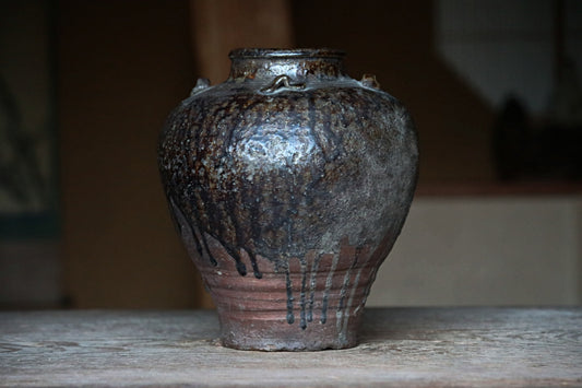 1700s Japanese antique TANBA hand made ceramic jar flower vase Wabi Sabi  H9.4in/H24cm