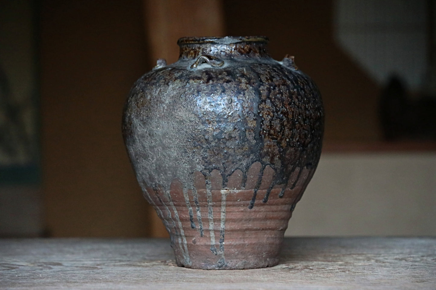 1700s Japanese antique TANBA hand made ceramic jar flower vase Wabi Sabi  H9.4in/H24cm