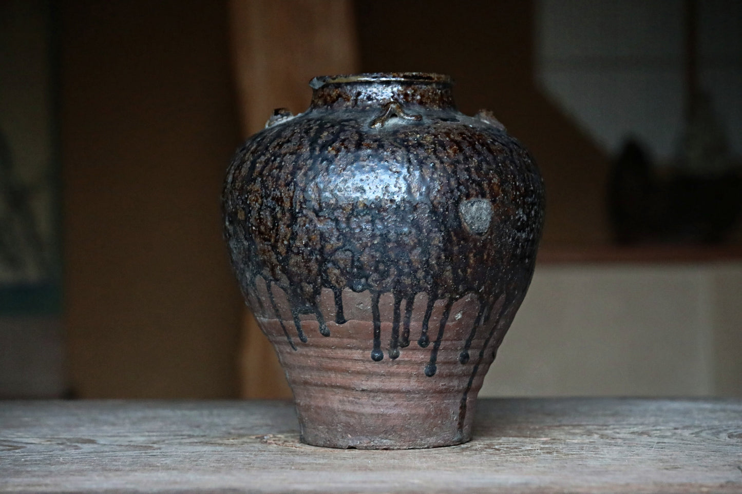 1700s Japanese antique TANBA hand made ceramic jar flower vase Wabi Sabi  H9.4in/H24cm