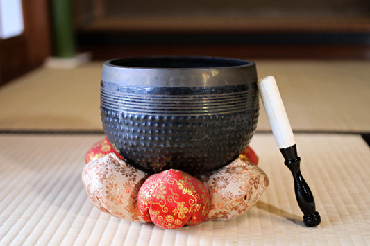 Antique Bronze Buddhist Singing Bowl, Silk Cushion and Stick, Signed (W7.5in/19cm)