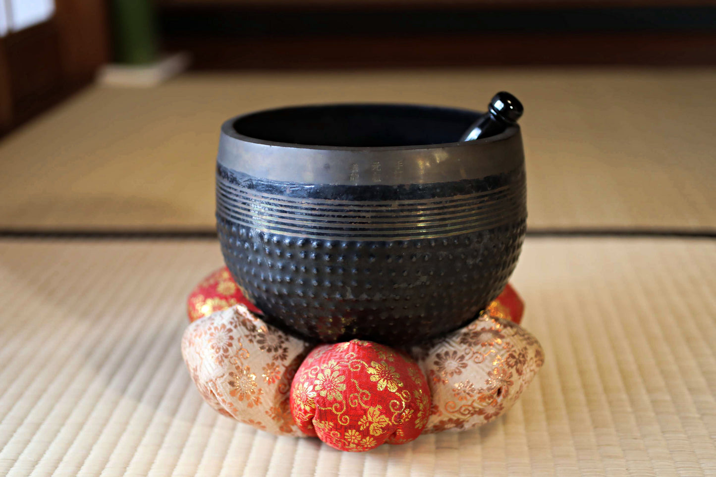 Antique Bronze Buddhist Singing Bowl, Silk Cushion and Stick, Signed (W7.5in/19cm)