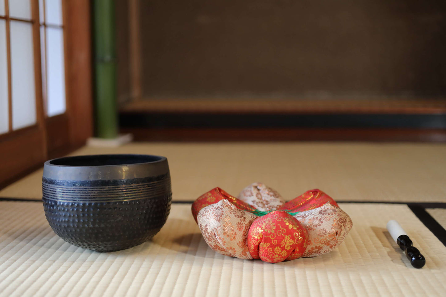 Antique Bronze Buddhist Singing Bowl, Silk Cushion and Stick, Signed (W7.5in/19cm)