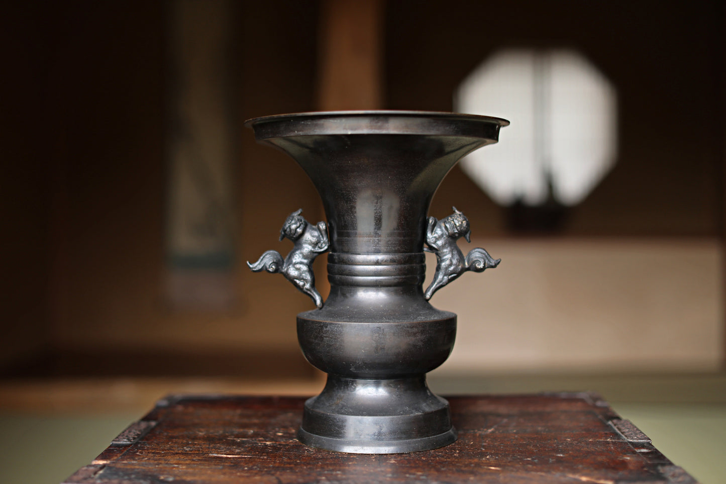 Vintage Japanese Bronze Vase, Lion Handles, Buddhist Temple Utensil, Ikebana