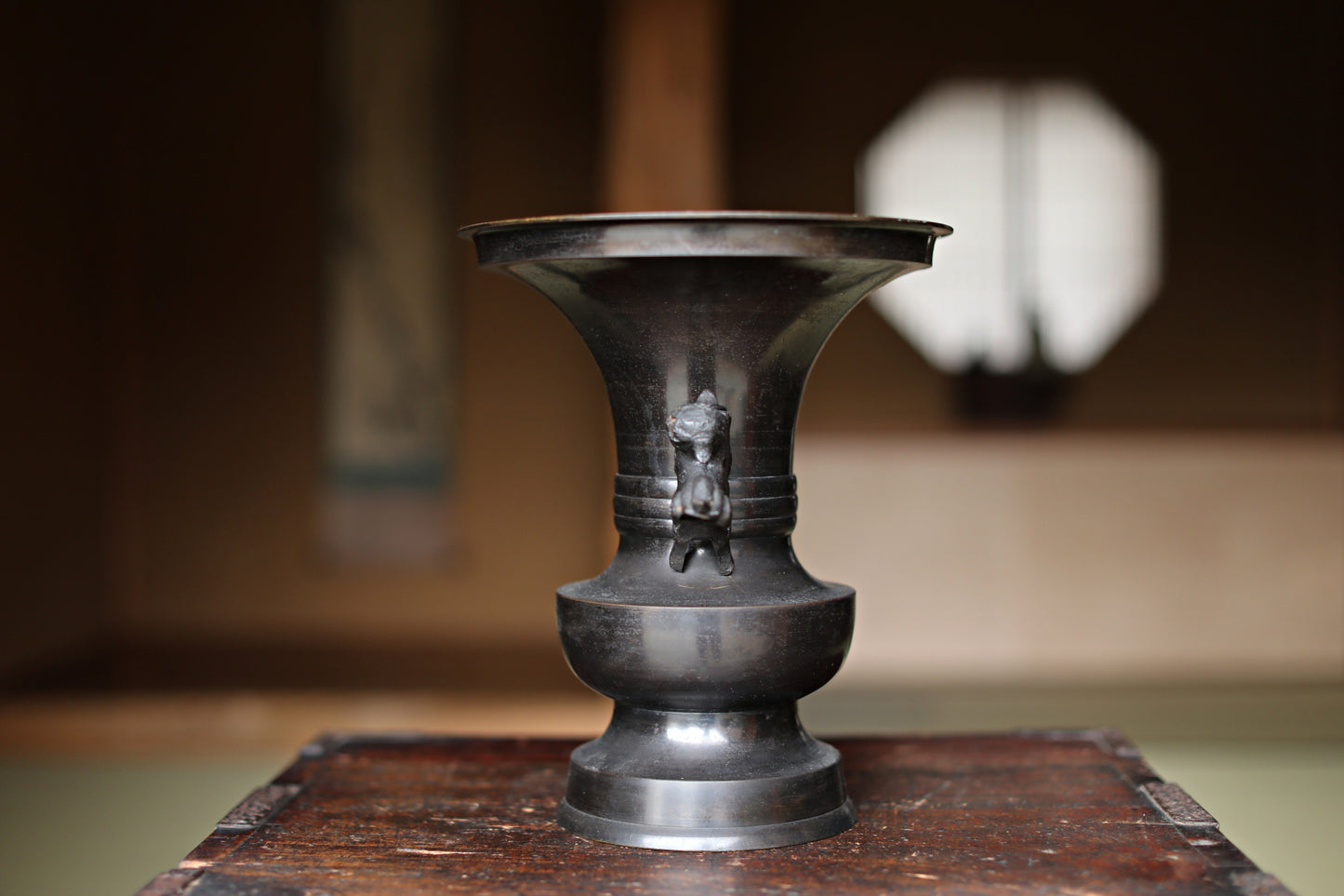 Vintage Japanese Bronze Vase, Lion Handles, Buddhist Temple Utensil, Ikebana